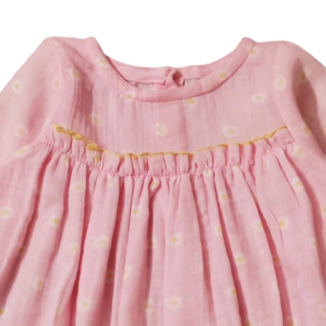Snowflakes Cotton Bell Sleeved Dress With Flower Prints - Pink