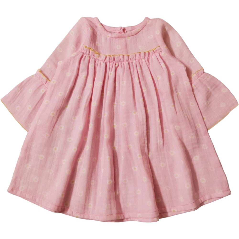 Snowflakes Cotton Bell Sleeved Dress With Flower Prints - Pink