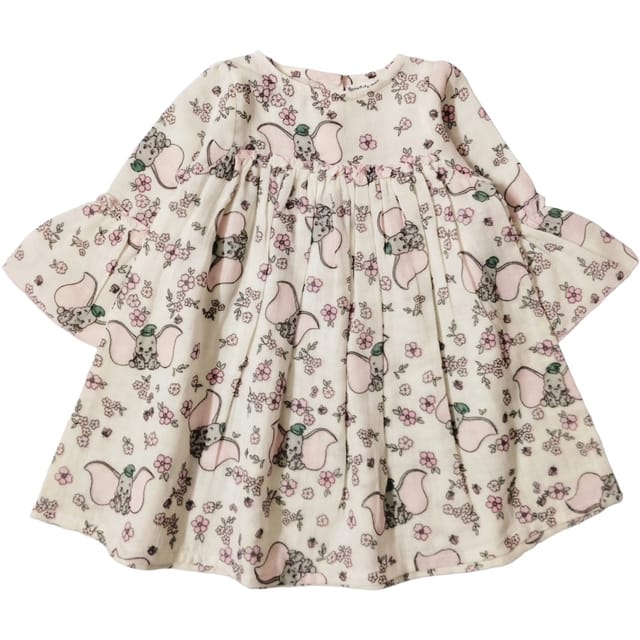 Snowflakes Cotton Bell Sleeved Dress With Flower And Elephant Prints - White