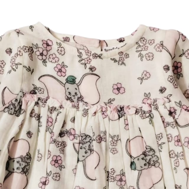 Snowflakes Cotton Bell Sleeved Dress With Flower And Elephant Prints - White