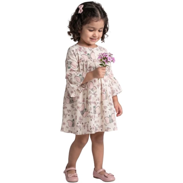 Snowflakes Cotton Bell Sleeved Dress With Flower And Elephant Prints - White