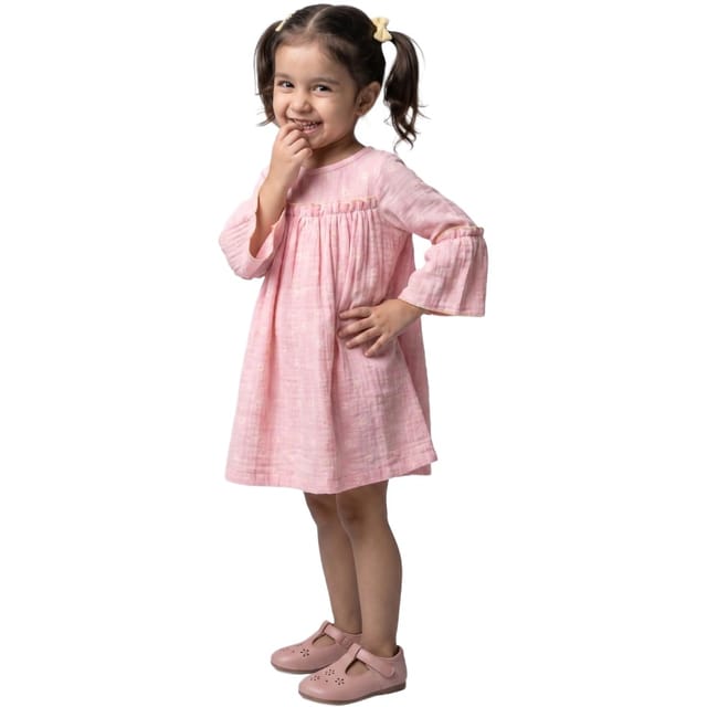 Snowflakes Cotton Bell Sleeved Dress With Flower Prints - Pink