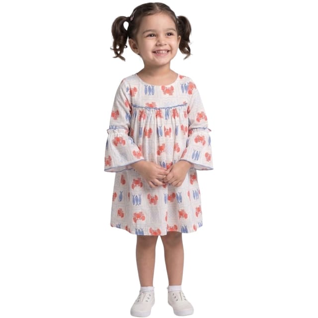 Snowflakes Cotton Bell Sleeved Dress With Fish And Crab Prints - White
