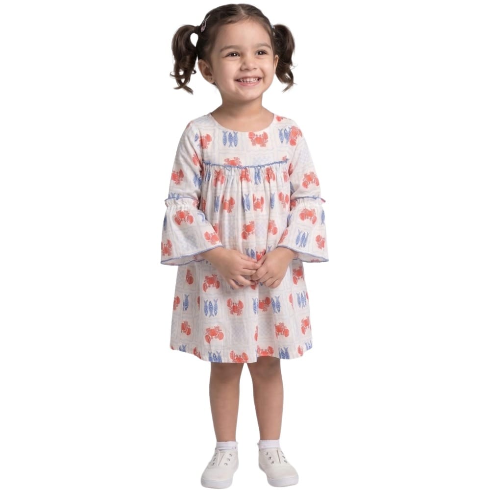 Snowflakes Cotton Bell Sleeved Dress With Fish And Crab Prints - White