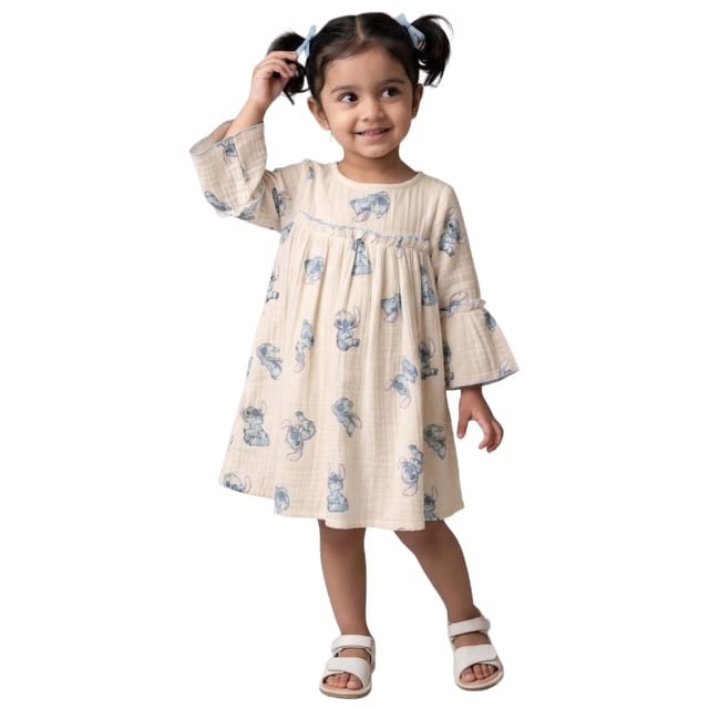 Snowflakes Cotton Bell Sleeved Dress With Stitch Prints - White
