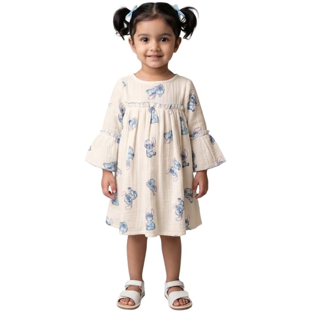 Snowflakes Cotton Bell Sleeved Dress With Stitch Prints - White