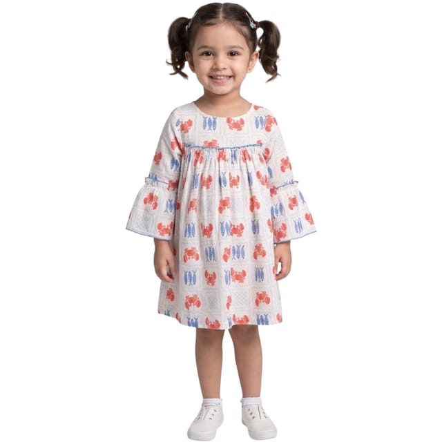 Snowflakes Cotton Bell Sleeved Dress With Fish And Crab Prints - White