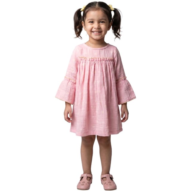 Snowflakes Cotton Bell Sleeved Dress With Flower Prints - Pink