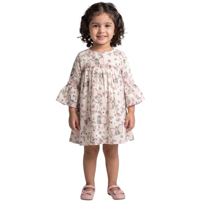 Snowflakes Cotton Bell Sleeved Dress With Flower And Elephant Prints - White