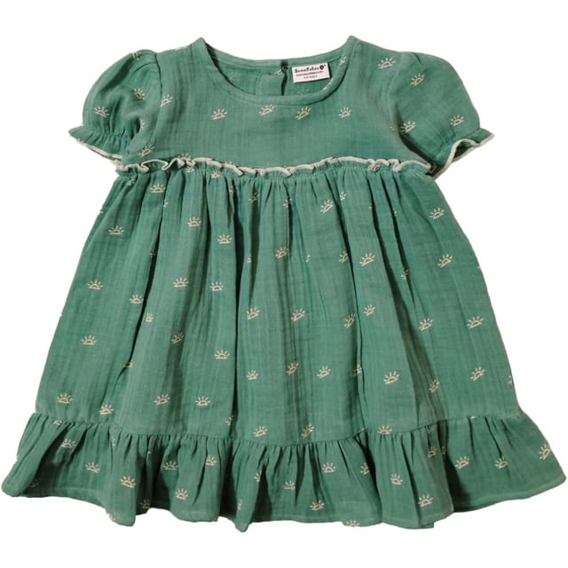 Snowflakes Girls' Short Sleeve, Cotton Dress With Sun Prints - Green