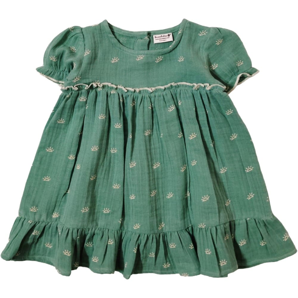 Snowflakes Girls' Short Sleeve, Cotton Dress With Sun Prints - Green