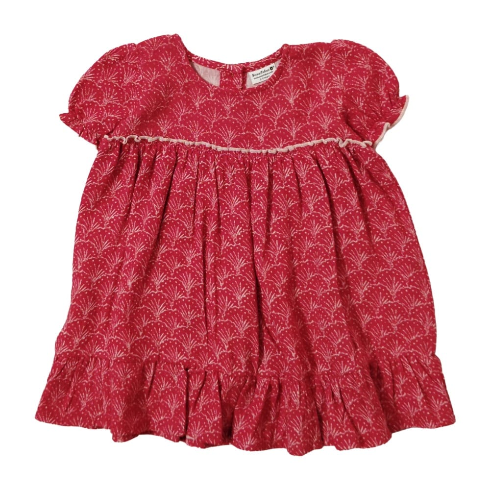 Snowflakes Girls' Short Sleeve, Cotton Dress With Flower Prints - Red