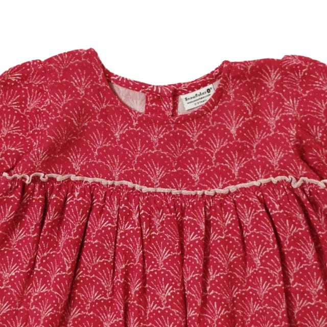 Snowflakes Girls' Short Sleeve, Cotton Dress With Flower Prints - Red