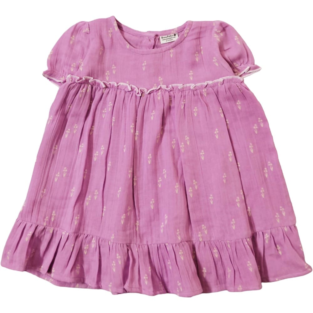 Snowflakes Girls' Short Sleeve, Cotton Dress With Flower Prints - Purple