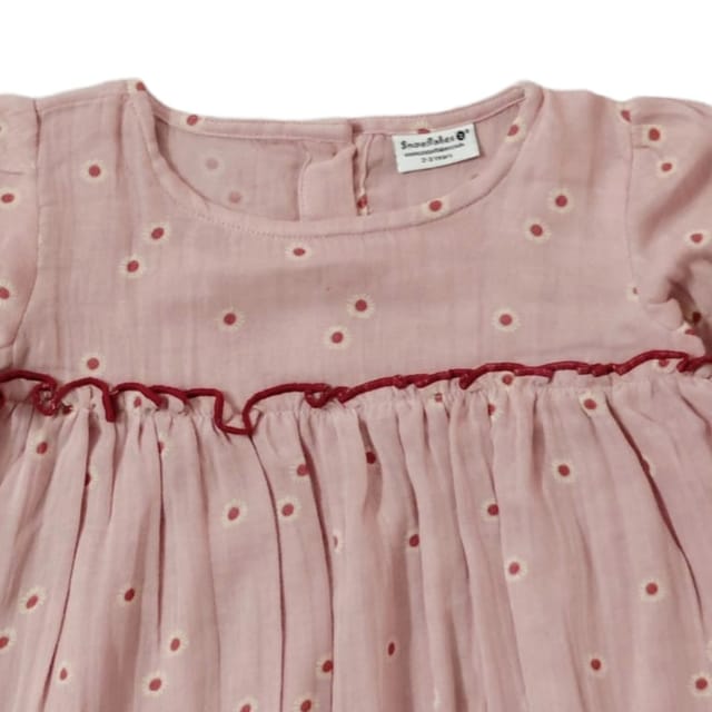 Snowflakes Girls' Short Sleeve, Cotton Dress With Flower Prints - Pink