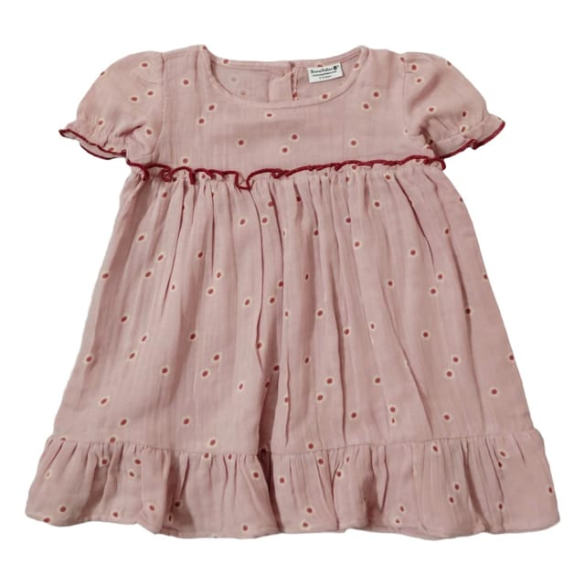 Snowflakes Girls' Short Sleeve, Cotton Dress With Flower Prints - Pink
