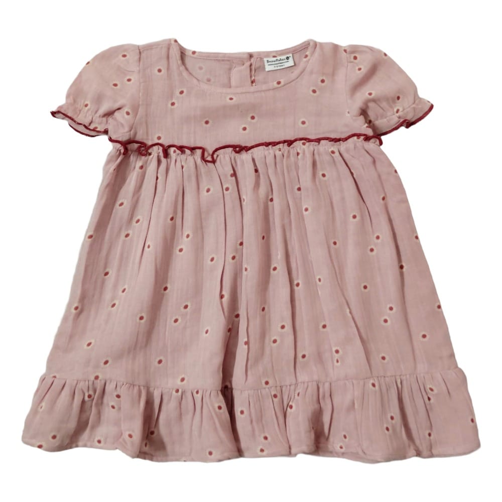 Snowflakes Girls' Short Sleeve, Cotton Dress With Flower Prints - Pink