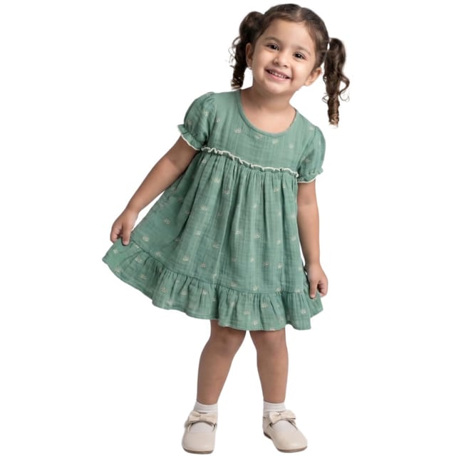 Snowflakes Girls' Short Sleeve, Cotton Dress With Sun Prints - Green