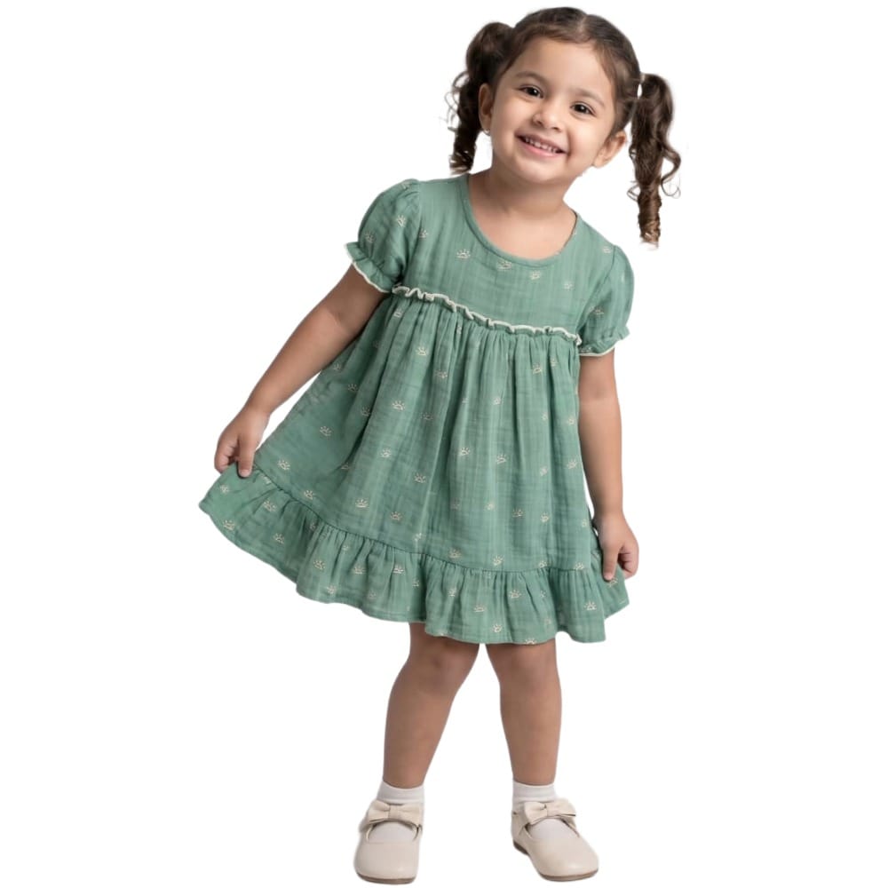 Snowflakes Girls' Short Sleeve, Cotton Dress With Sun Prints - Green
