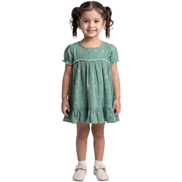 Snowflakes Girls' Short Sleeve, Cotton Dress With Sun Prints - Green