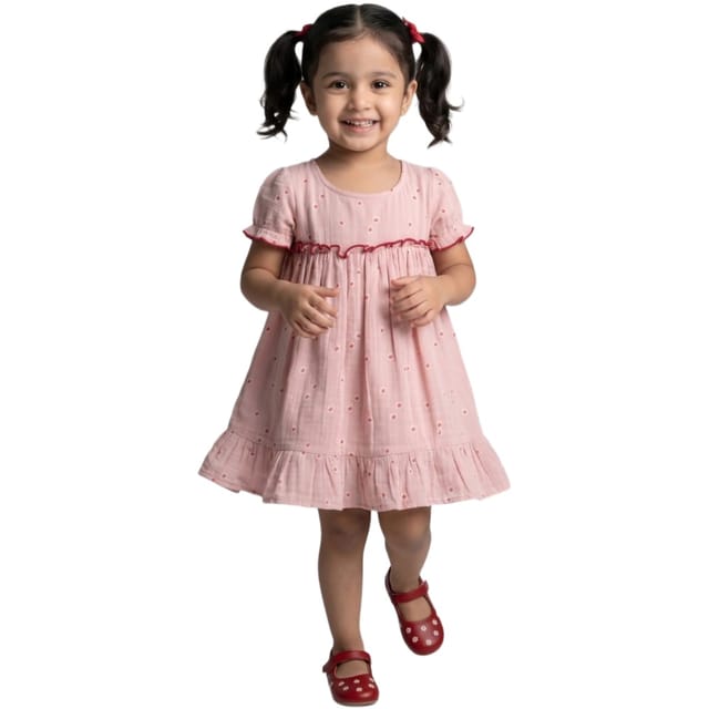 Snowflakes Girls' Short Sleeve, Cotton Dress With Flower Prints - Pink