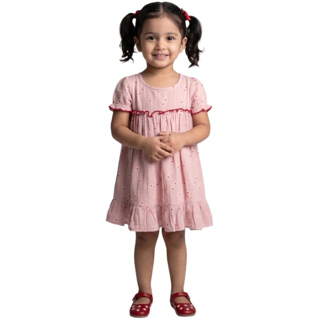 Snowflakes Girls' Short Sleeve, Cotton Dress With Flower Prints - Pink