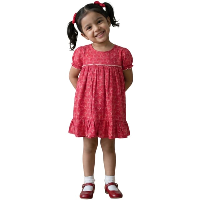 Snowflakes Girls' Short Sleeve, Cotton Dress With Flower Prints - Red
