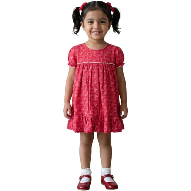 Snowflakes Girls' Short Sleeve, Cotton Dress With Flower Prints - Red