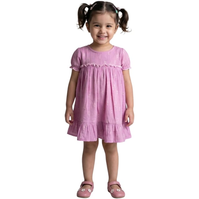 Snowflakes Girls' Short Sleeve, Cotton Dress With Flower Prints - Purple