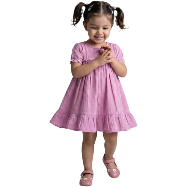 Snowflakes Girls' Short Sleeve, Cotton Dress With Flower Prints - Purple