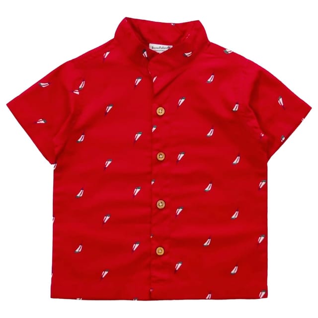 Snowflakes Boys Half Sleeve Cotton Shirt - Red