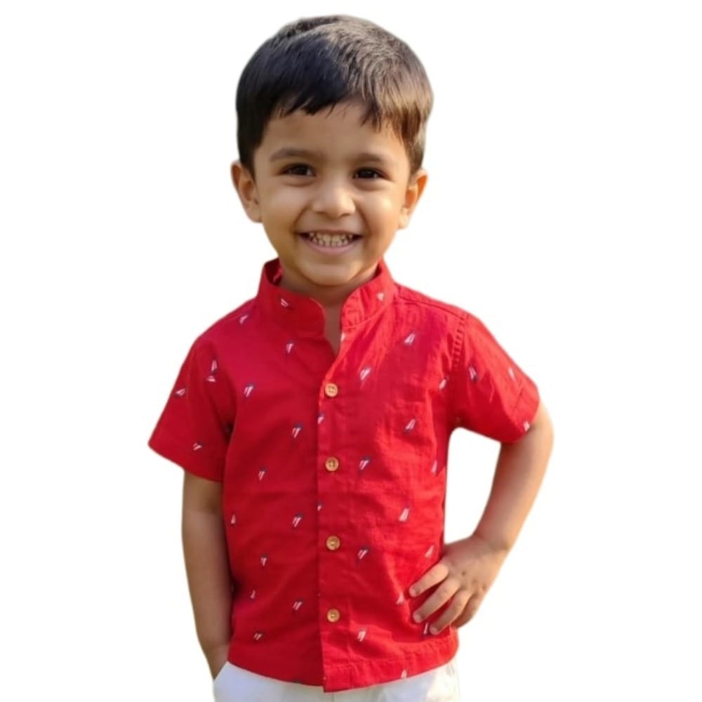 Snowflakes Boys Half Sleeve Cotton Shirt - Red