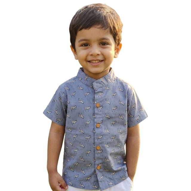 Snowflakes Boys Half Sleeve Cotton Shirt With Zebra Print - Blue