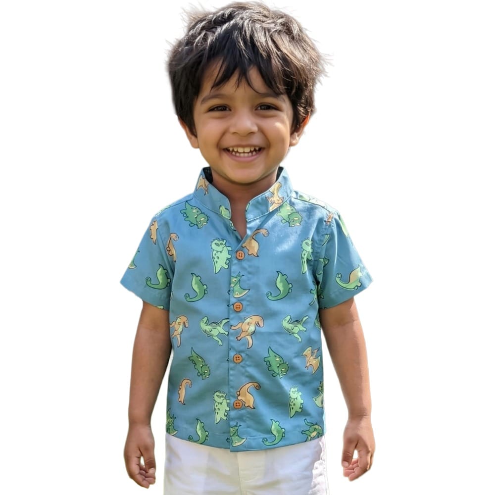 Snowflakes Boys Half Sleeve Cotton Shirt With Dinosaur Print - Blue