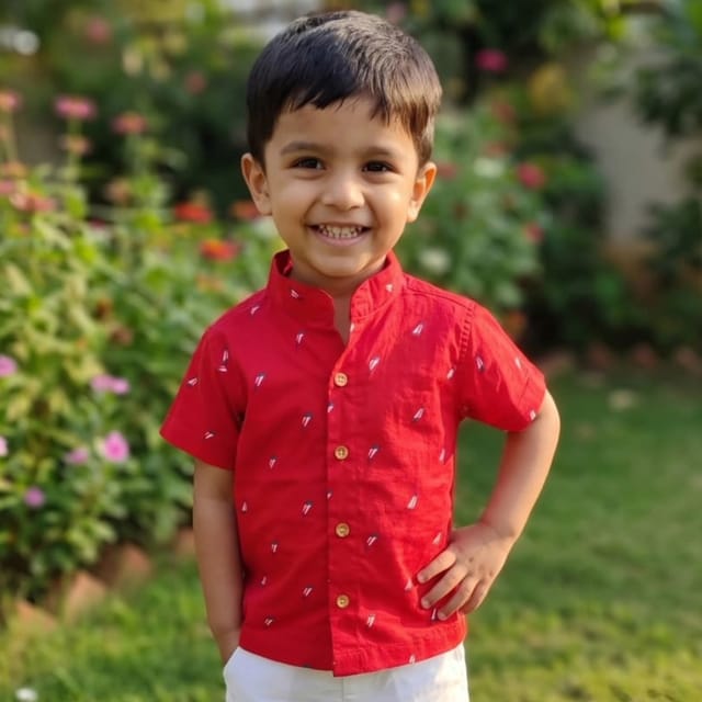 Snowflakes Boys Half Sleeve Cotton Shirt - Red