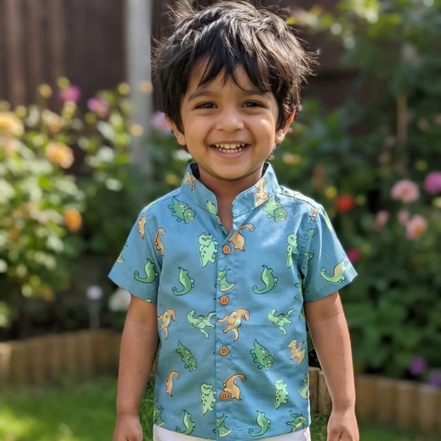 Snowflakes Boys Half Sleeve Cotton Shirt With Dinosaur Print - Blue