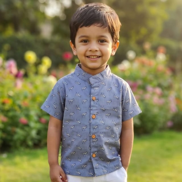 Snowflakes Boys Half Sleeve Cotton Shirt With Zebra Print - Blue