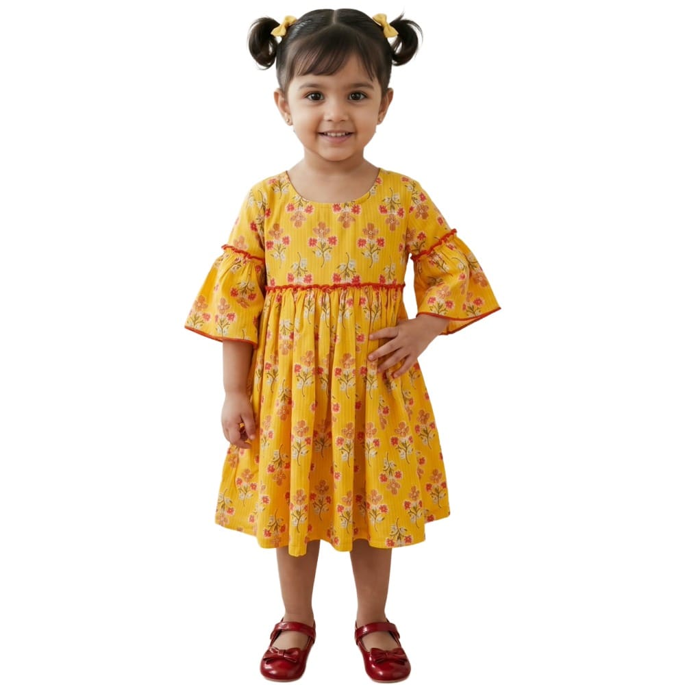 Snowflakes Cotton Bell Sleeved Dress With Flower And Flower Prints - Yellow