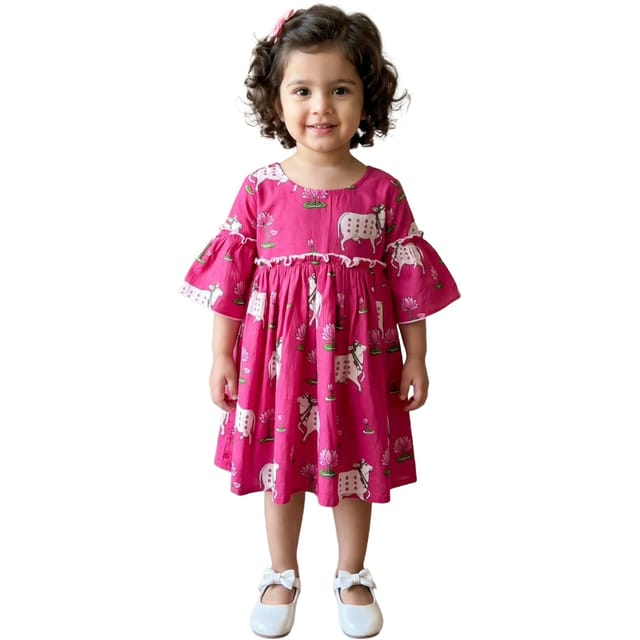 Snowflakes Cotton Bell Sleeved Dress With Flower And Cow Prints - Pink