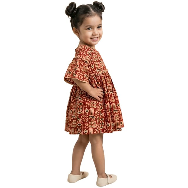 Snowflakes Cotton Bell Sleeved Dress With Kalamkari Print - Maroon