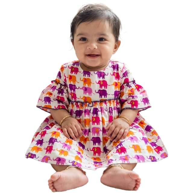 Snowflakes Cotton Bell Sleeved Dress With Elephant Prints - White