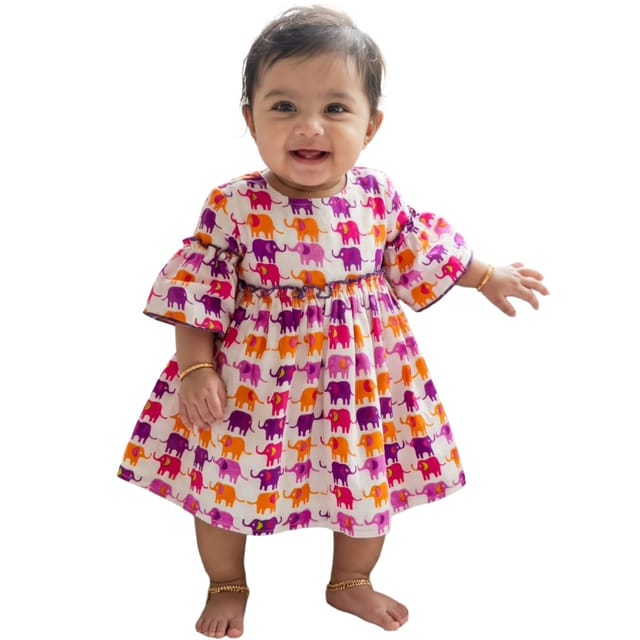 Snowflakes Cotton Bell Sleeved Dress With Elephant Prints - White