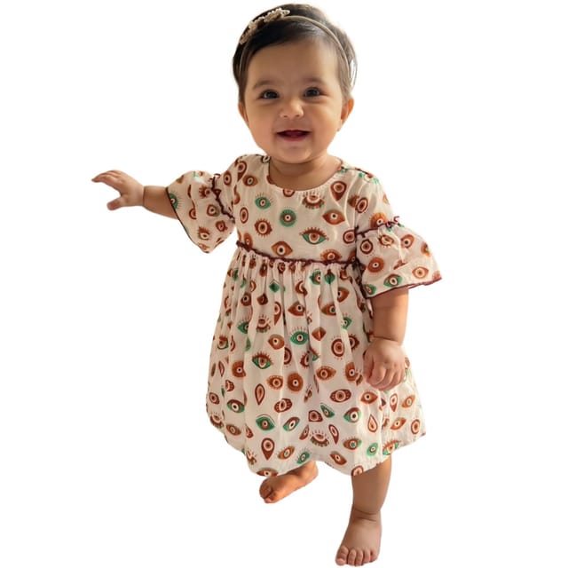 Snowflakes Cotton Bell Sleeved Dress With Eye Prints - White