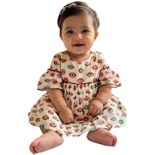 Snowflakes Cotton Bell Sleeved Dress With Eye Prints - White