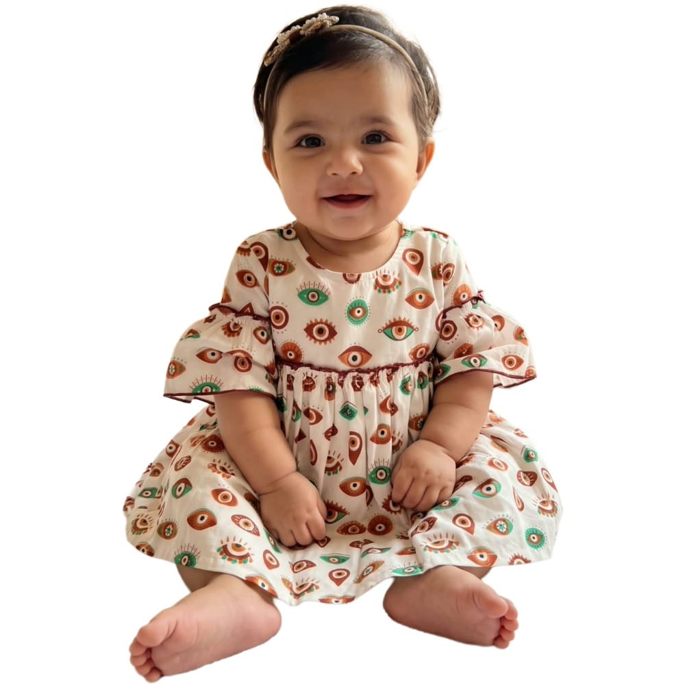 Snowflakes Cotton Bell Sleeved Dress With Eye Prints - White