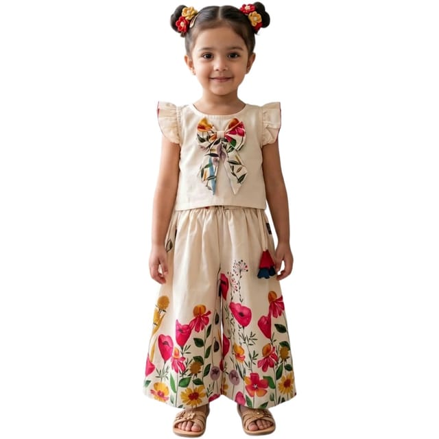 Snowflakes Girls' Lehenga Set Cotton Fabric With Flower Prints - Cream