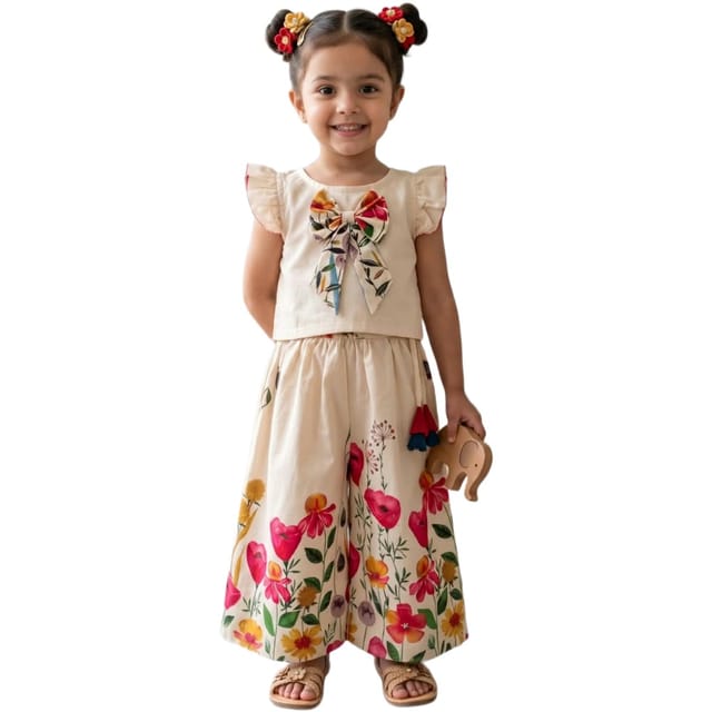 Snowflakes Girls' Lehenga Set Cotton Fabric With Flower Prints - Cream