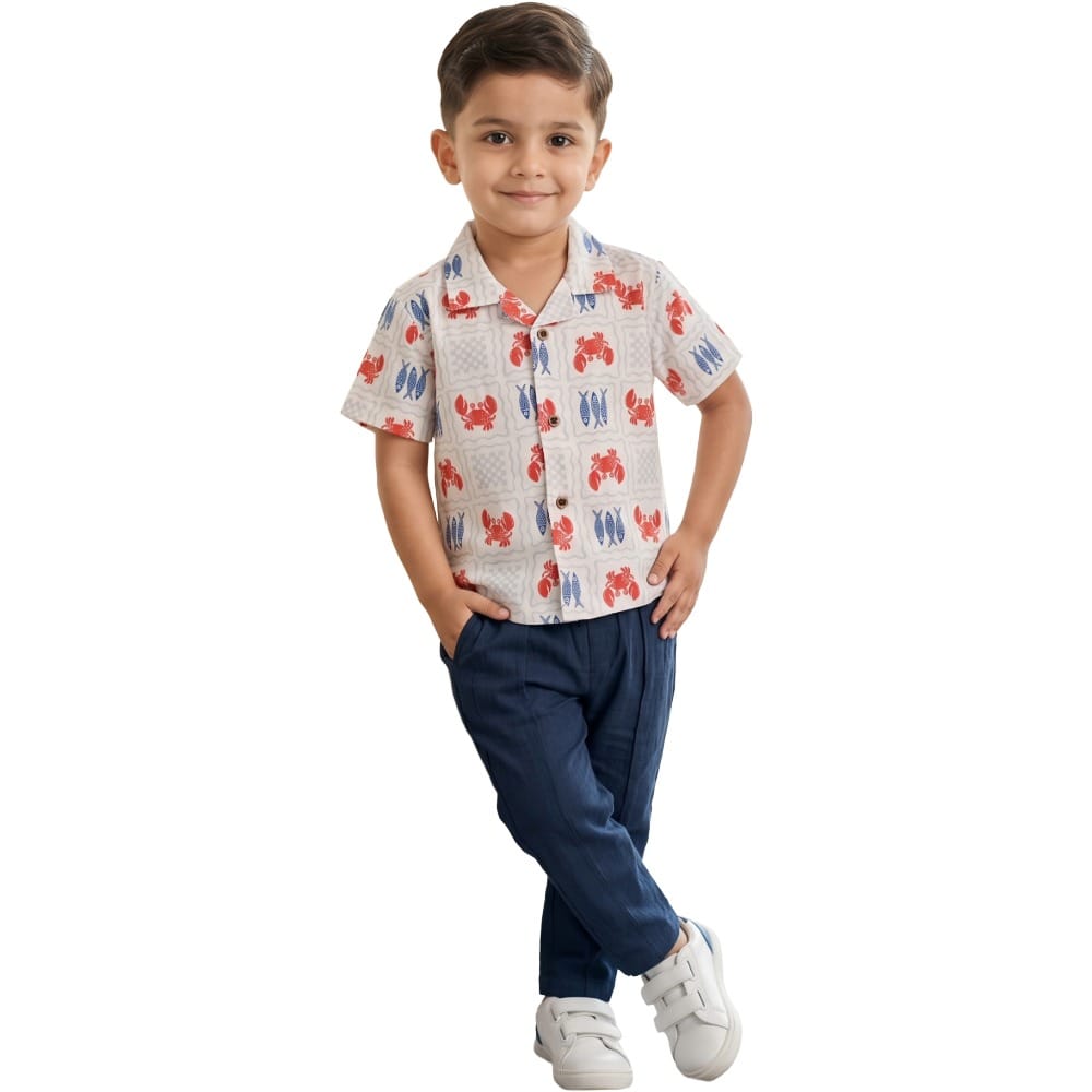 Snowflakes Unisex Cotton, Double Muslin Co-Ord Set With Fish And Crab Prints - White And Blue