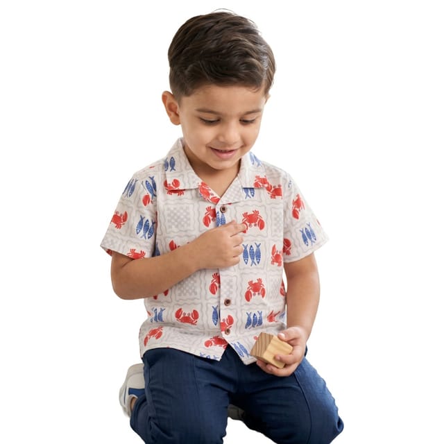 Snowflakes Unisex Cotton, Double Muslin Co-Ord Set With Fish And Crab Prints - White And Blue