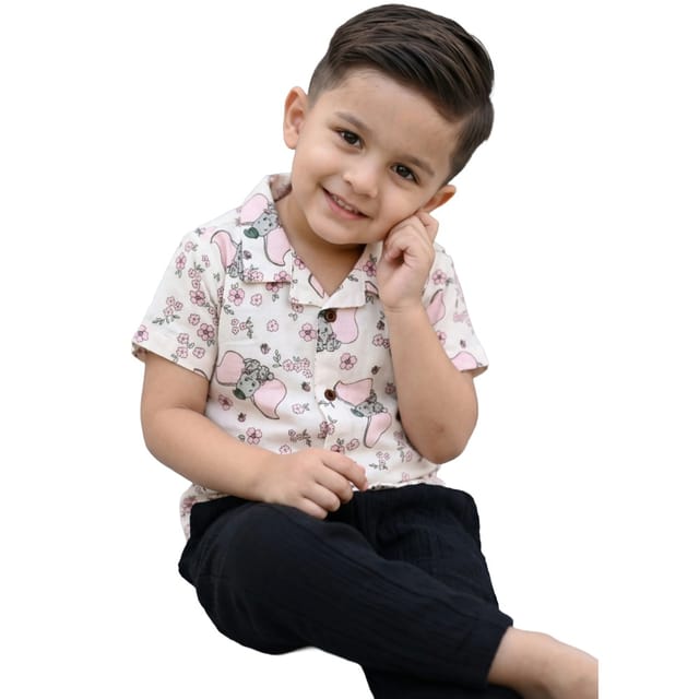 Snowflakes Unisex Cotton, Double Muslin Co-Ord Set With Flower And Elephant Prints - White And Black